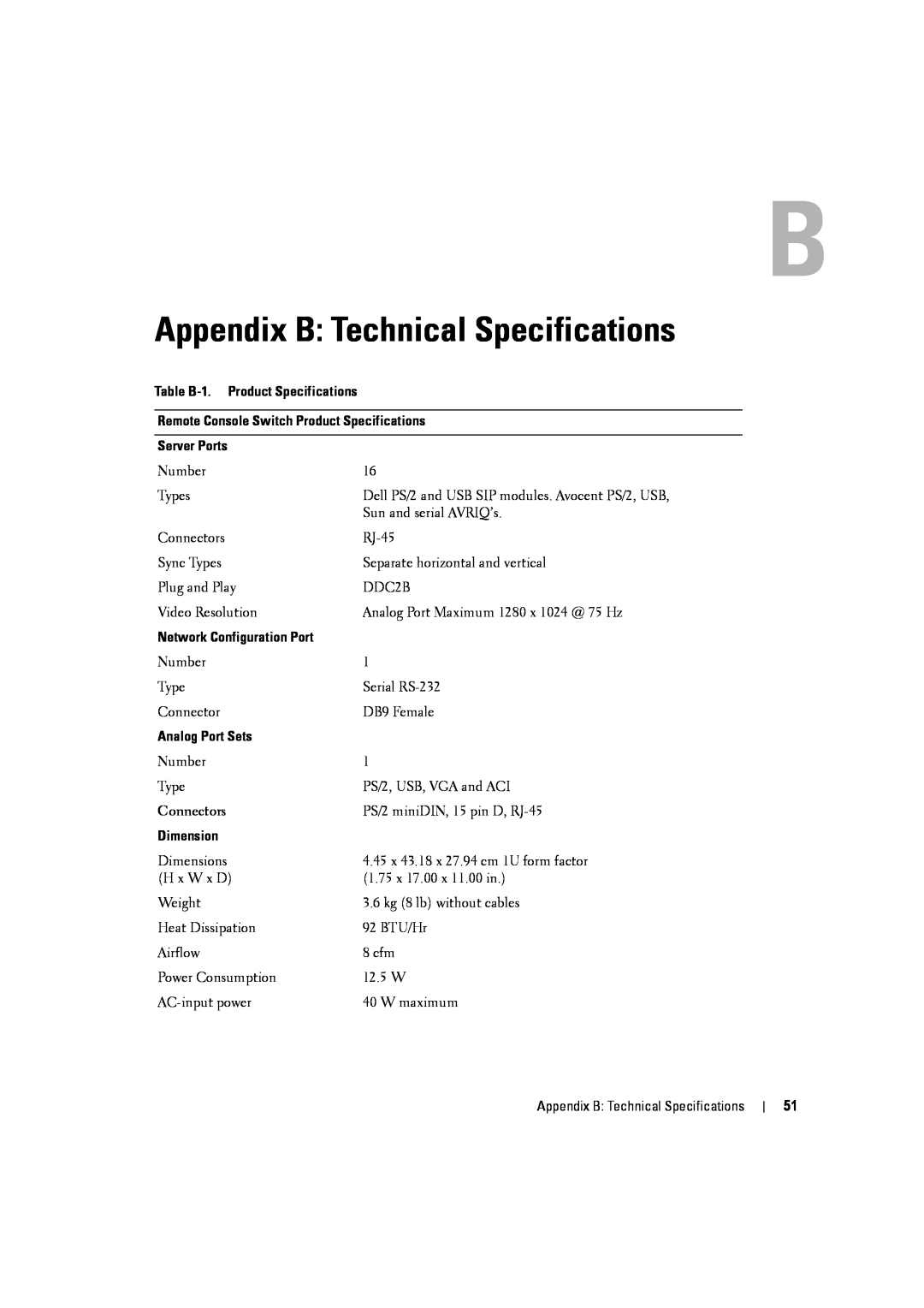 Dell 2161DS-2 manual Appendix B Technical Specifications, Table B-1. Product Specifications, Server Ports, Analog Port Sets 