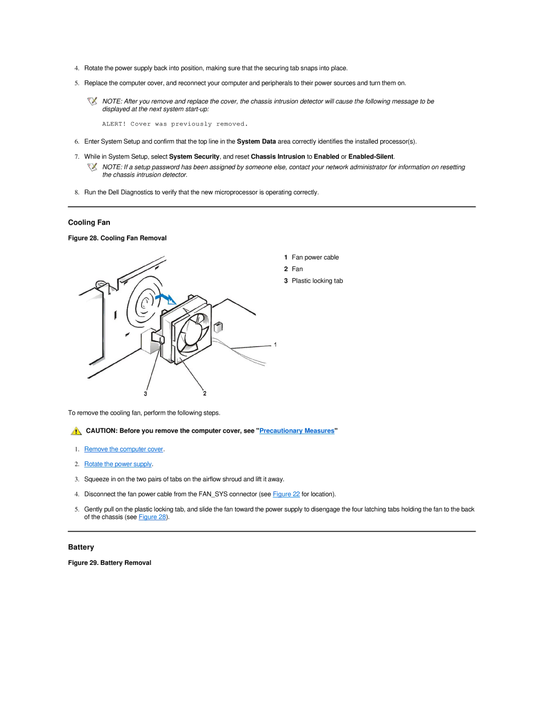 Dell 420 manual Cooling Fan, Battery 