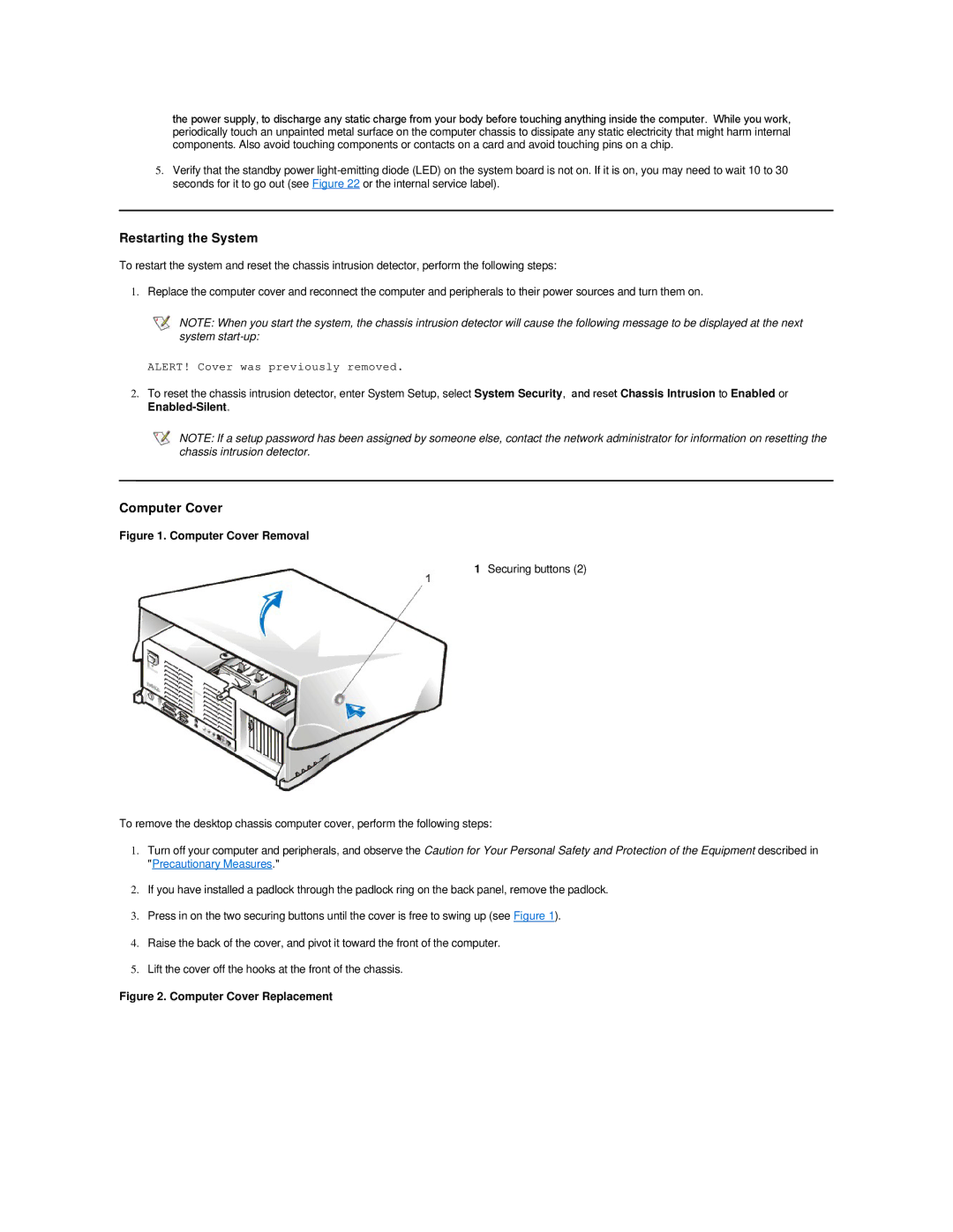 Dell 420 manual Restarting the System, Computer Cover 