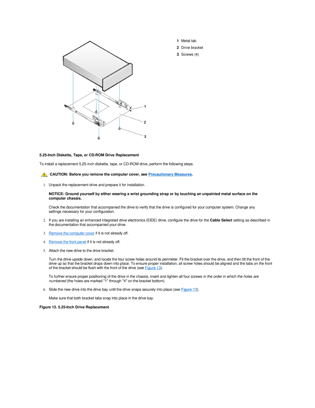 Dell 420 manual Inch Diskette, Tape, or CD-ROM Drive Replacement, Inch Drive Replacement 