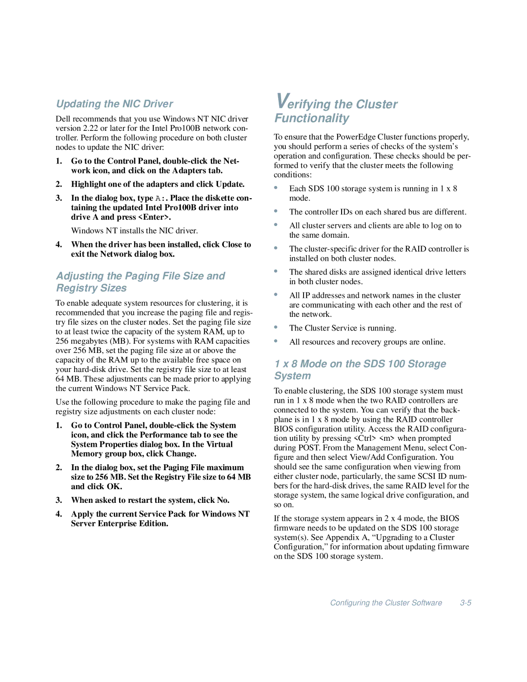 Dell 4200 Verifying the Cluster Functionality, Updating the NIC Driver, Adjusting the Paging File Size and Registry Sizes 