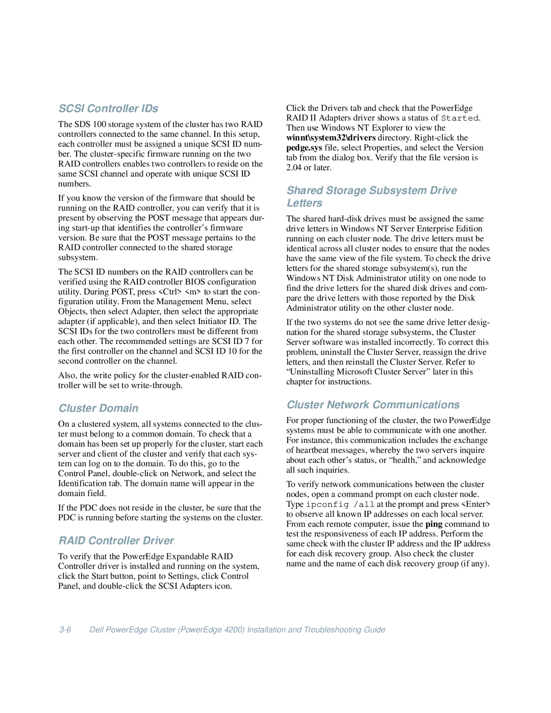 Dell 4200 manual Scsi Controller IDs, Cluster Domain, RAID Controller Driver, Shared Storage Subsystem Drive Letters 