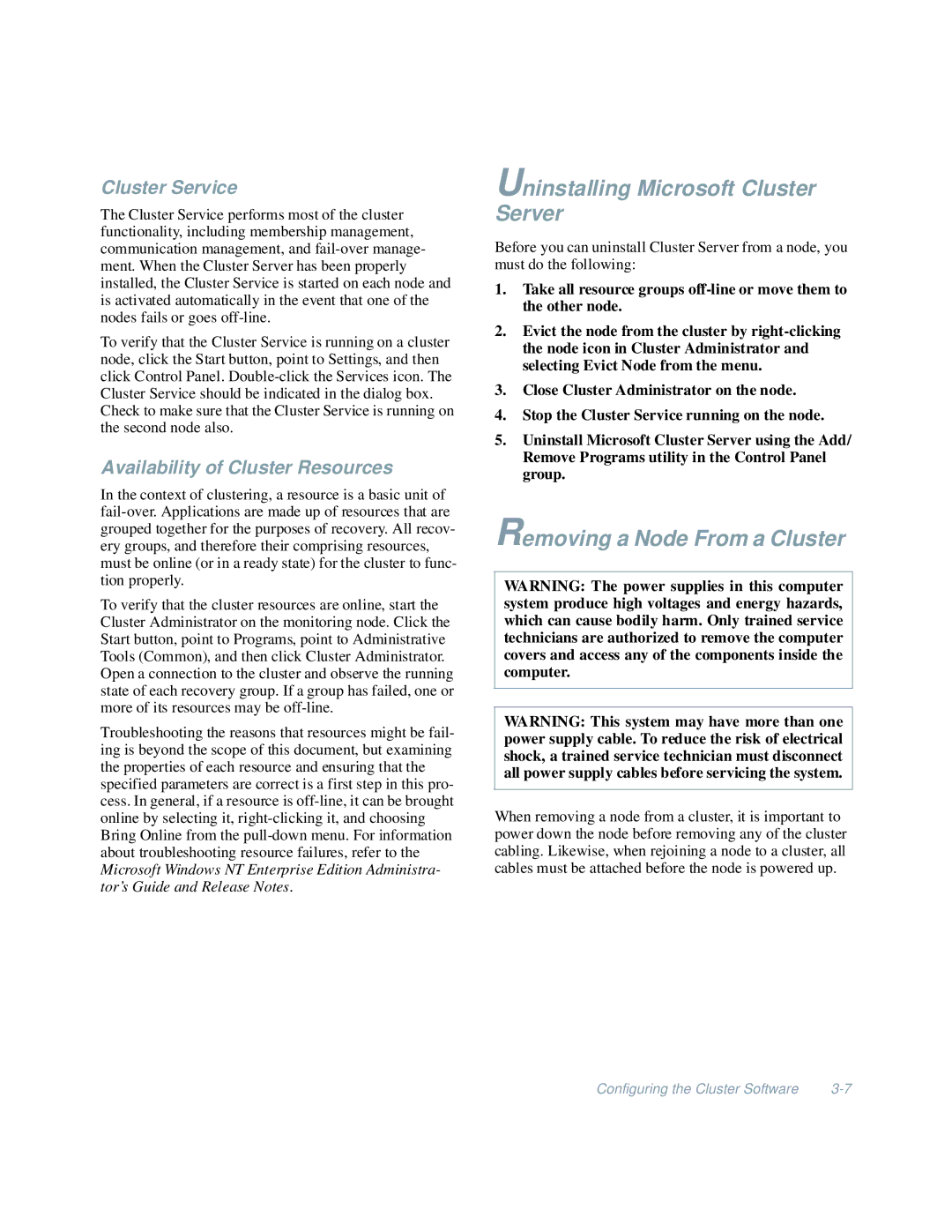 Dell 4200 manual Uninstalling Microsoft Cluster Server, Removing a Node From a Cluster, Cluster Service 