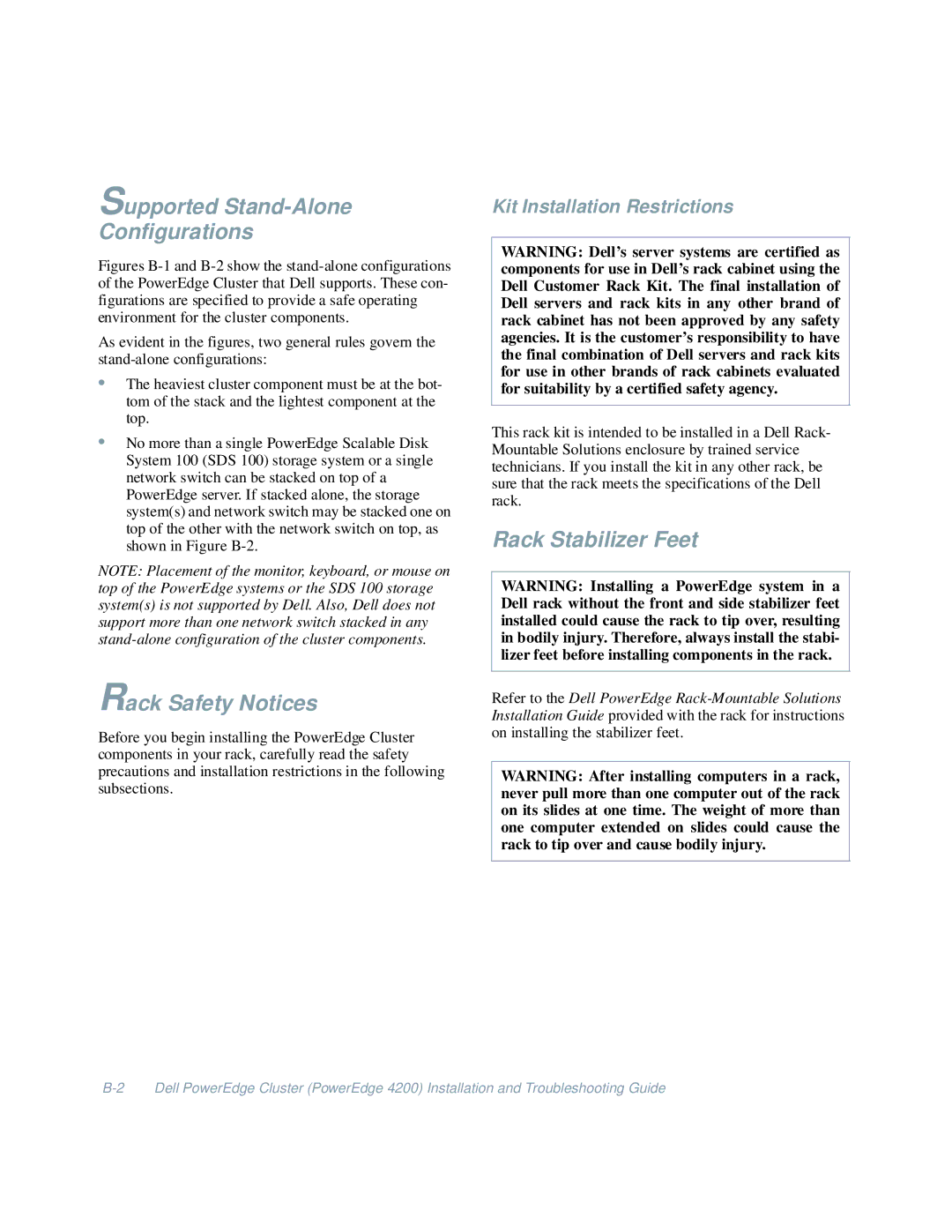 Dell 4200 Supported Stand-Alone Configurations, Rack Safety Notices, Rack Stabilizer Feet, Kit Installation Restrictions 