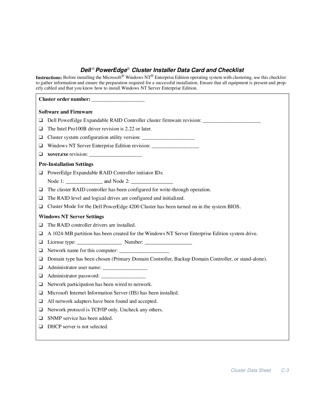 Dell 4200 manual Dell PowerEdge Cluster Installer Data Card and Checklist 