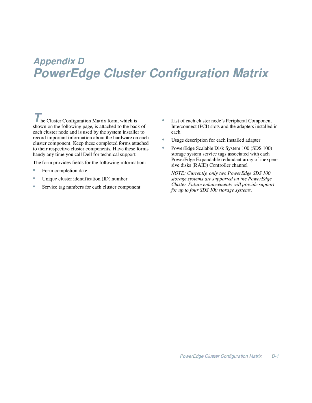 Dell 4200 manual PowerEdge Cluster Configuration Matrix 