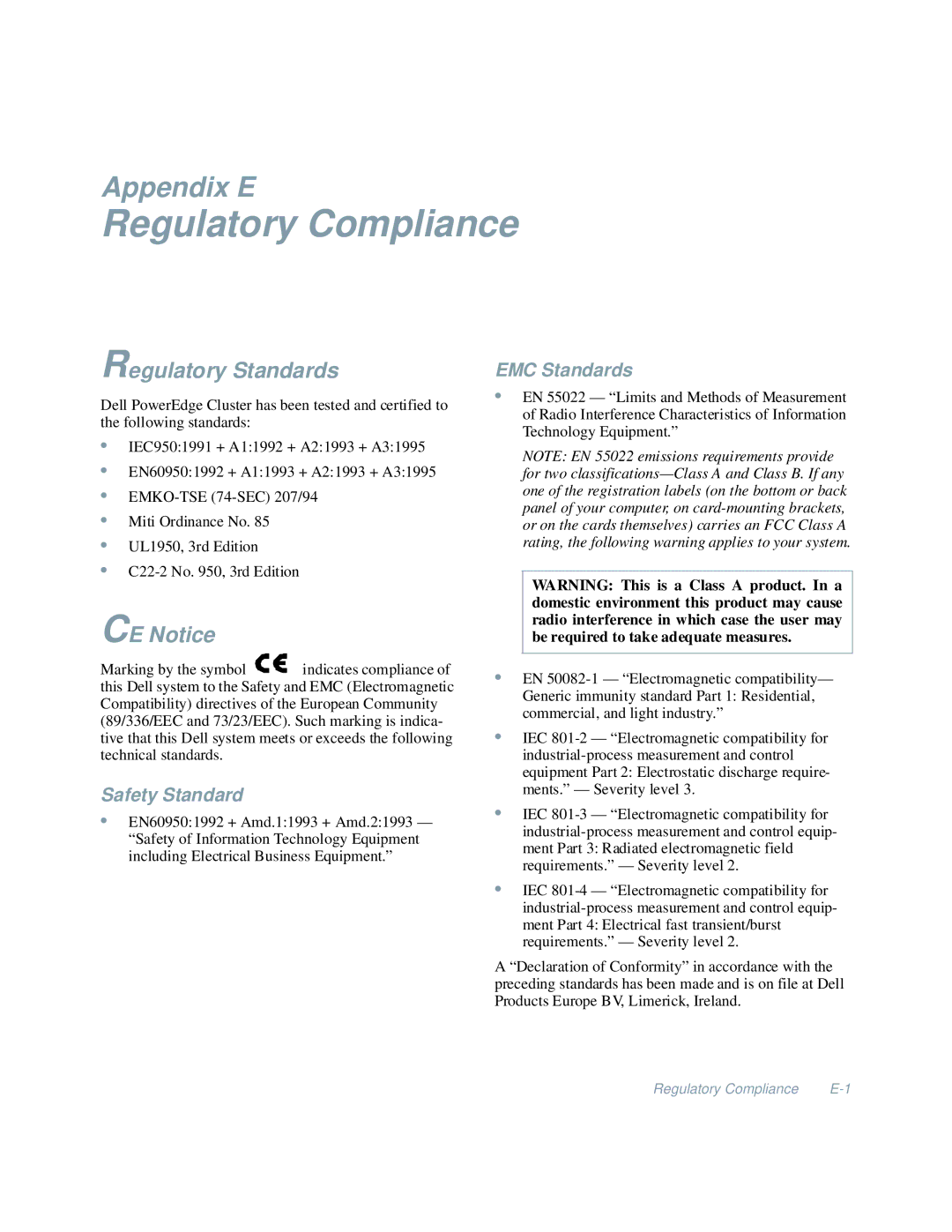 Dell 4200 manual Regulatory Compliance, Regulatory Standards, CE Notice, Safety Standard, EMC Standards 