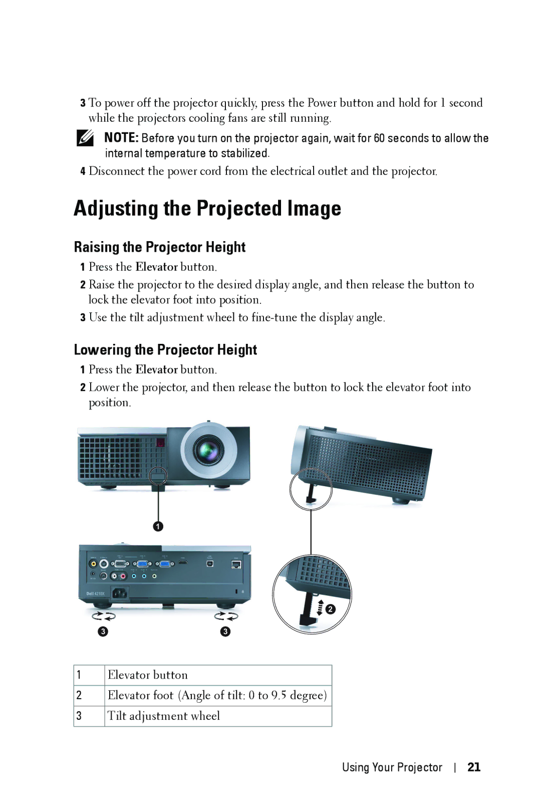 Dell 4210X manual Adjusting the Projected Image, Raising the Projector Height 