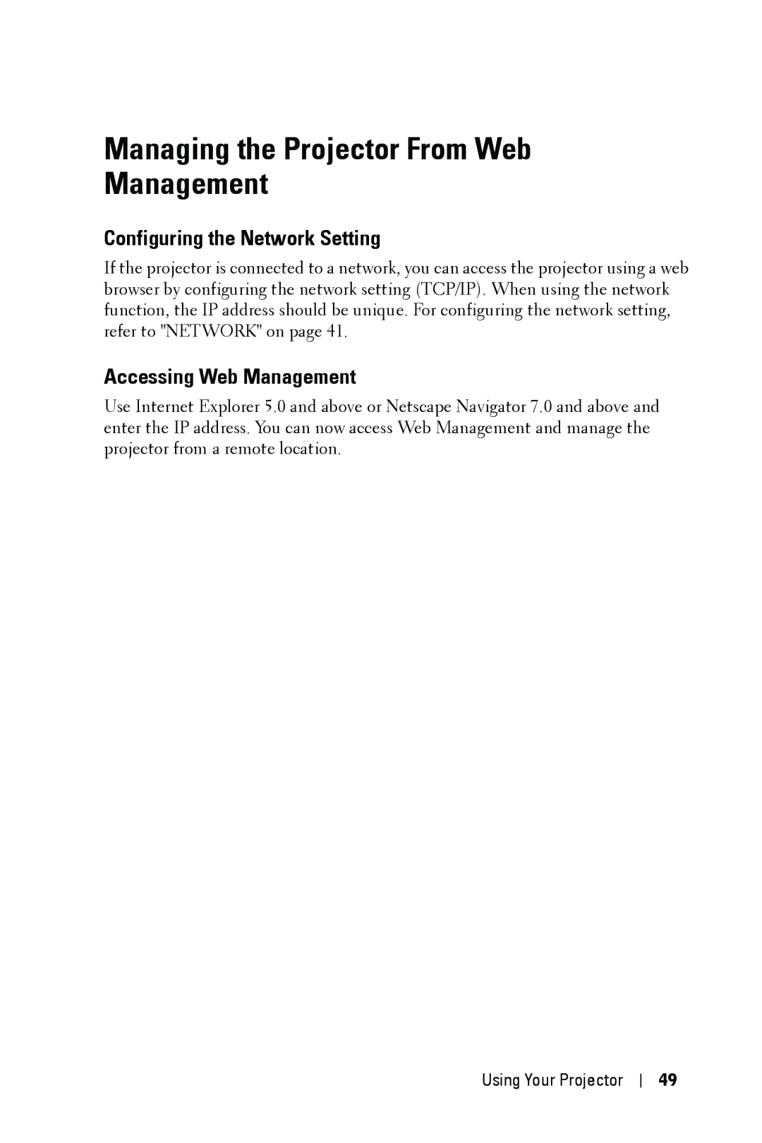 Dell 4210X manual Managing the Projector From Web Management, Configuring the Network Setting 