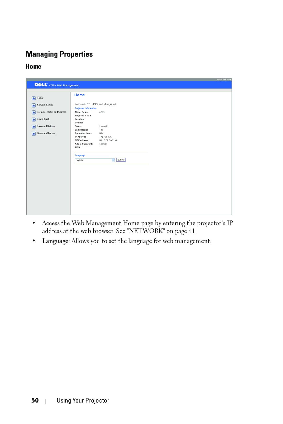 Dell 4210X manual Managing Properties, Home 