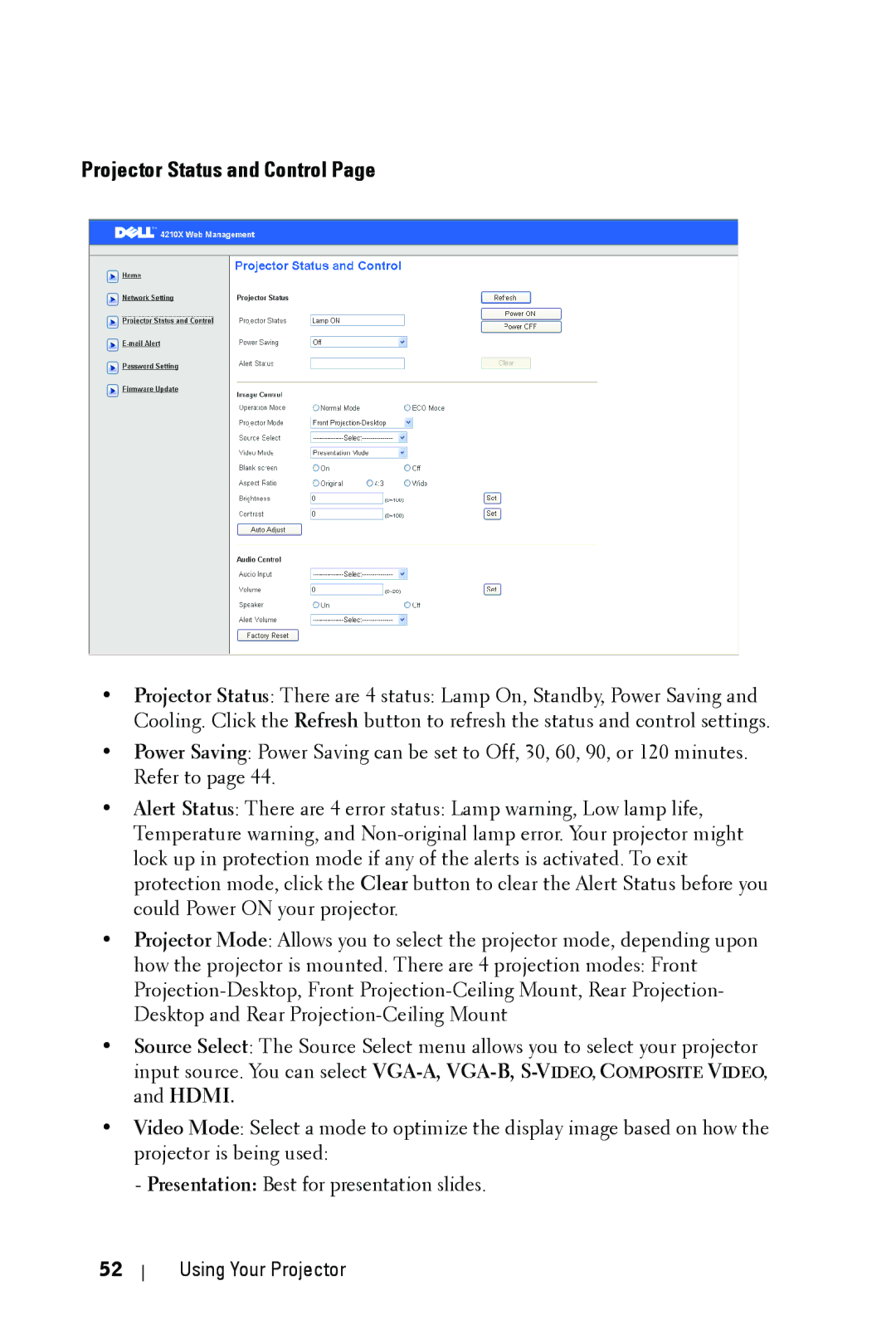 Dell 4210X manual Projector Status and Control 