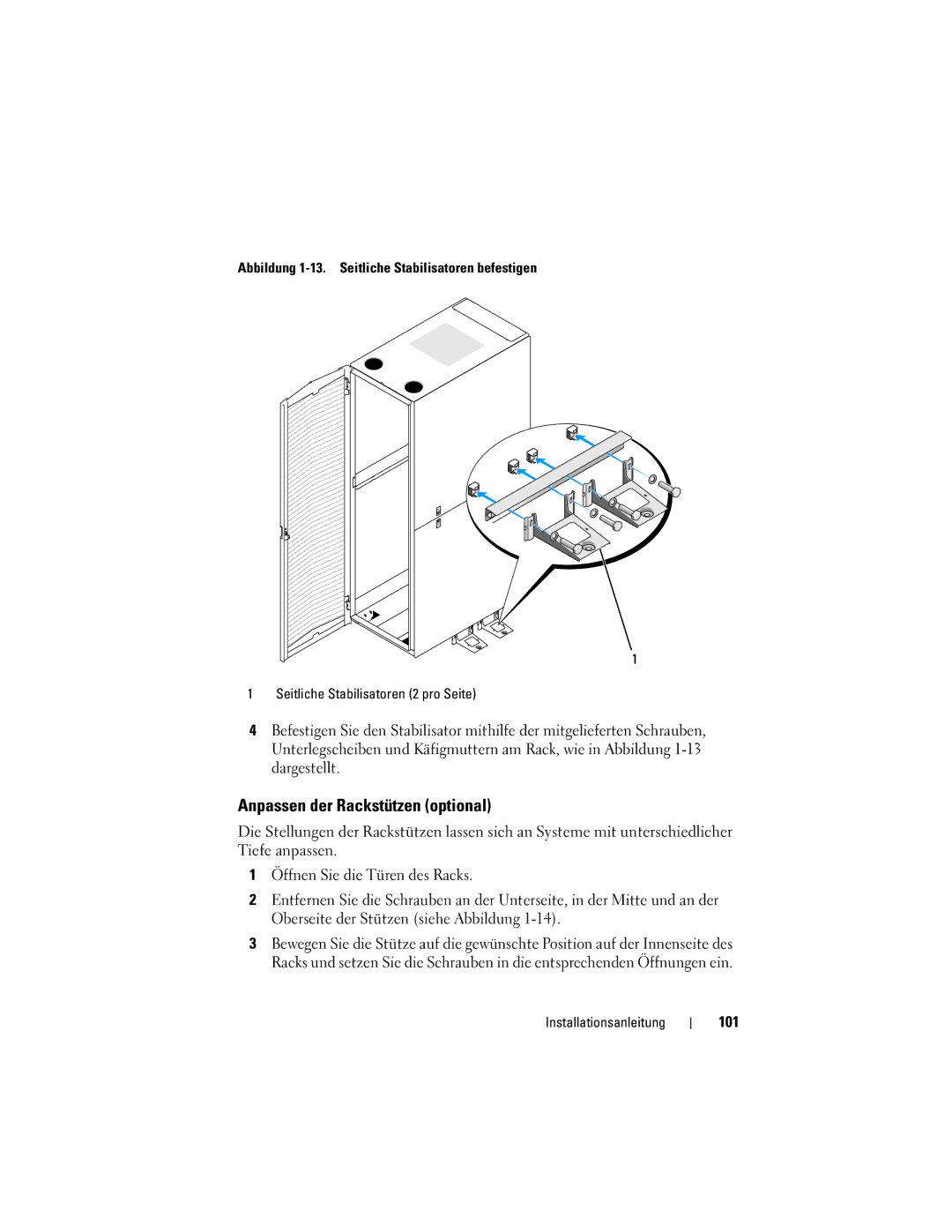 Dell 4220 manual Anpassen der Rackstützen optional, 101 