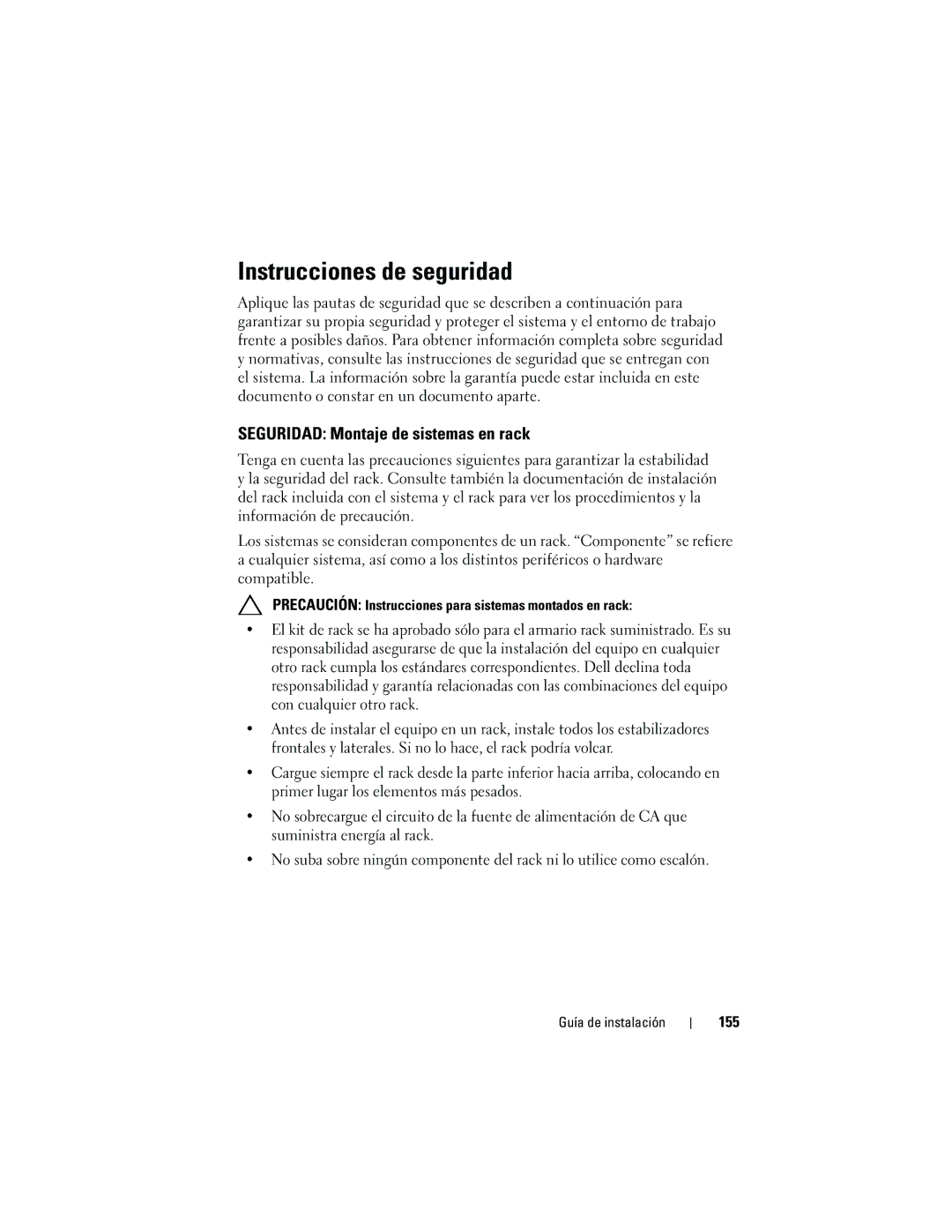 Dell 4220 manual Instrucciones de seguridad, Seguridad Montaje de sistemas en rack, 155 