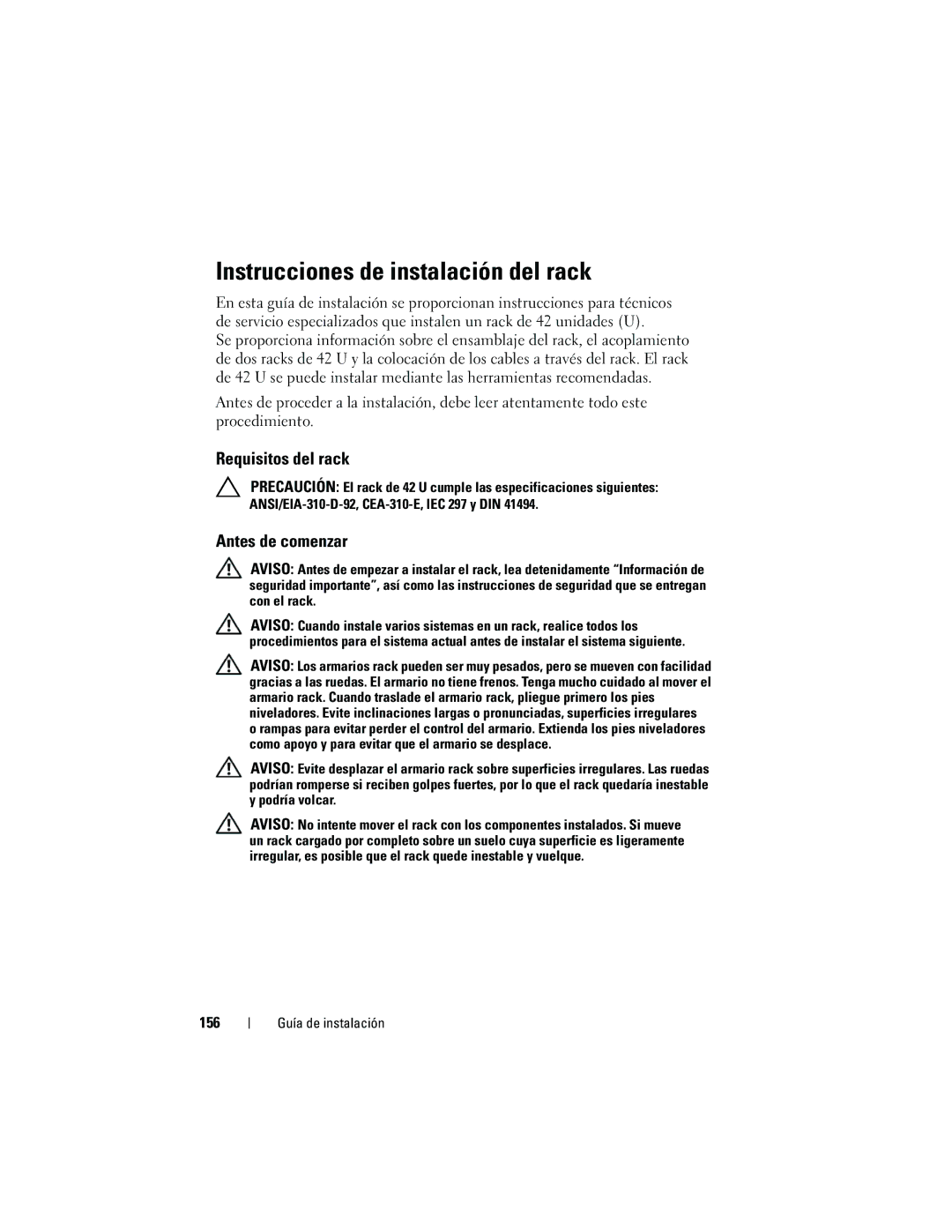 Dell 4220 manual Instrucciones de instalación del rack, Requisitos del rack, Antes de comenzar, 156 