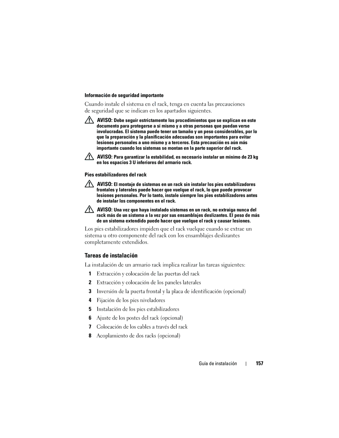 Dell 4220 manual Tareas de instalación, Información de seguridad importante, Pies estabilizadores del rack, 157 