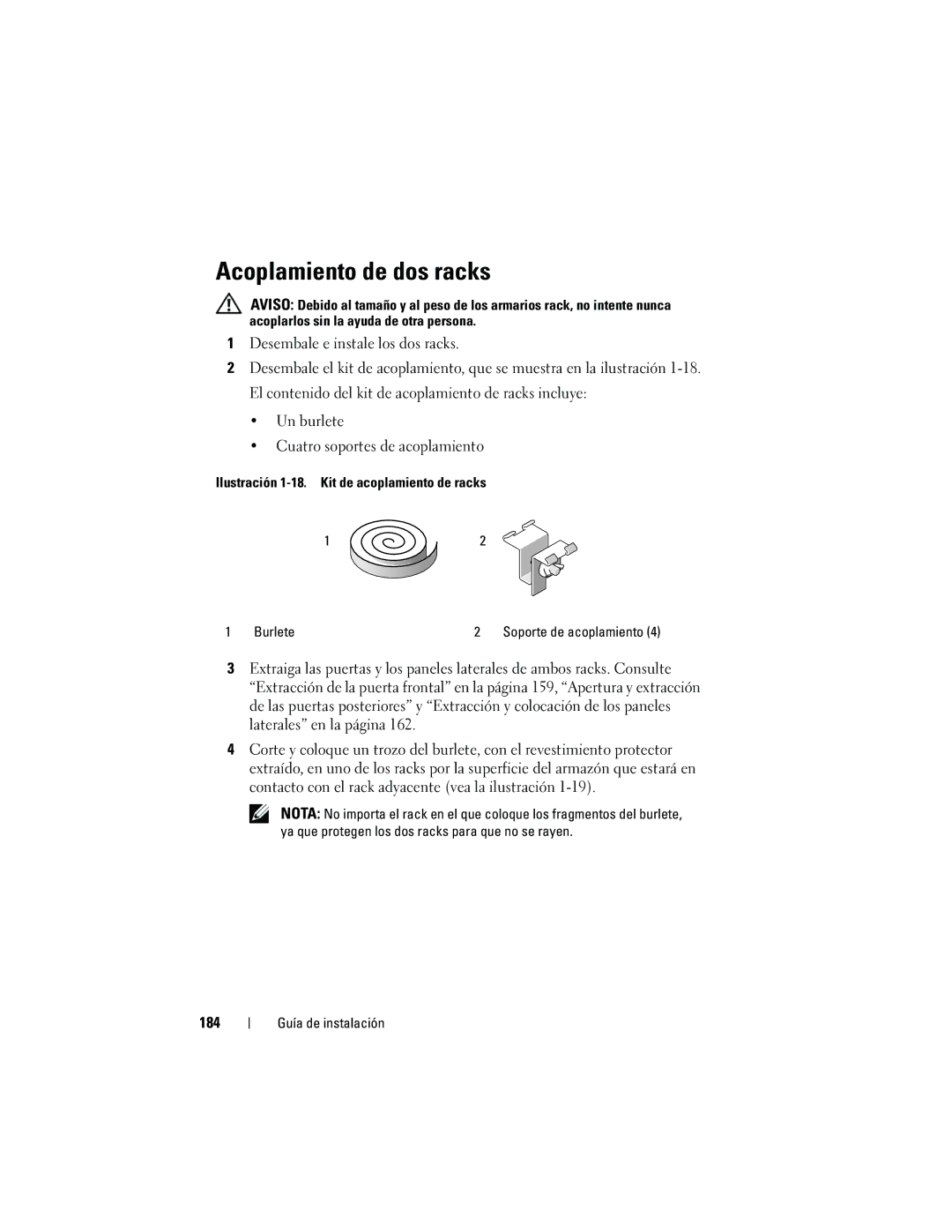 Dell 4220 manual Acoplamiento de dos racks, 184 