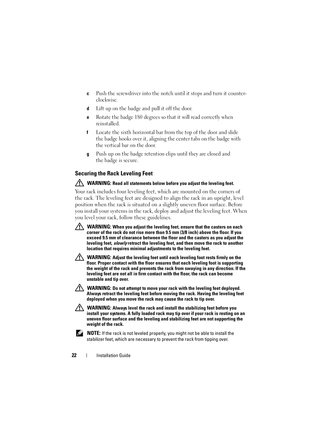 Dell 4220 manual Securing the Rack Leveling Feet 