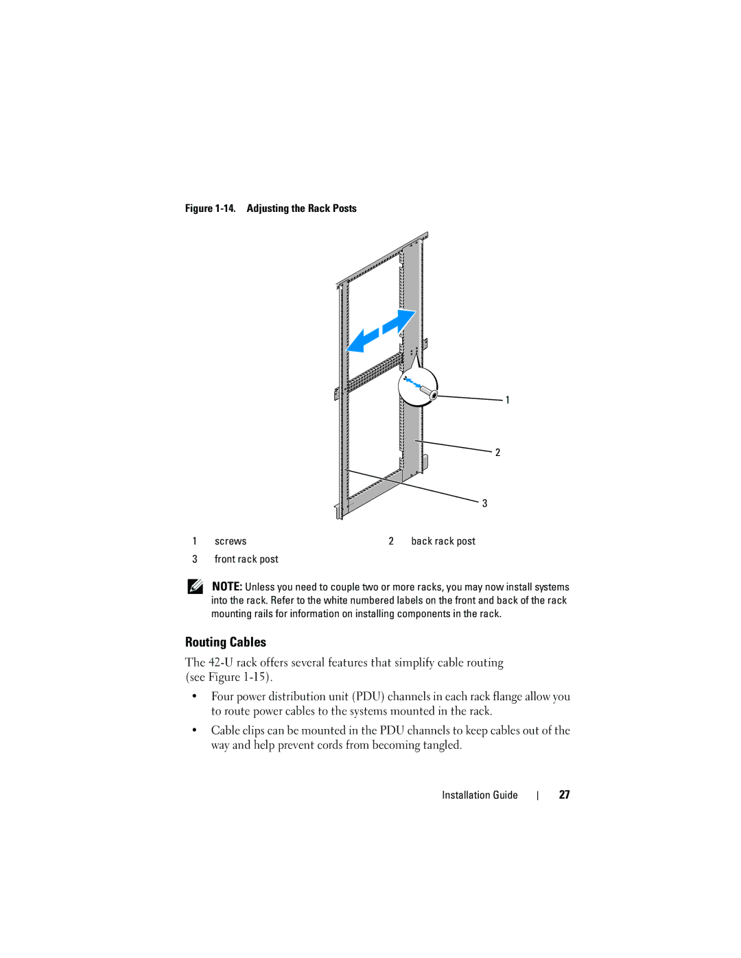 Dell 4220 manual Routing Cables, Adjusting the Rack Posts Screws 