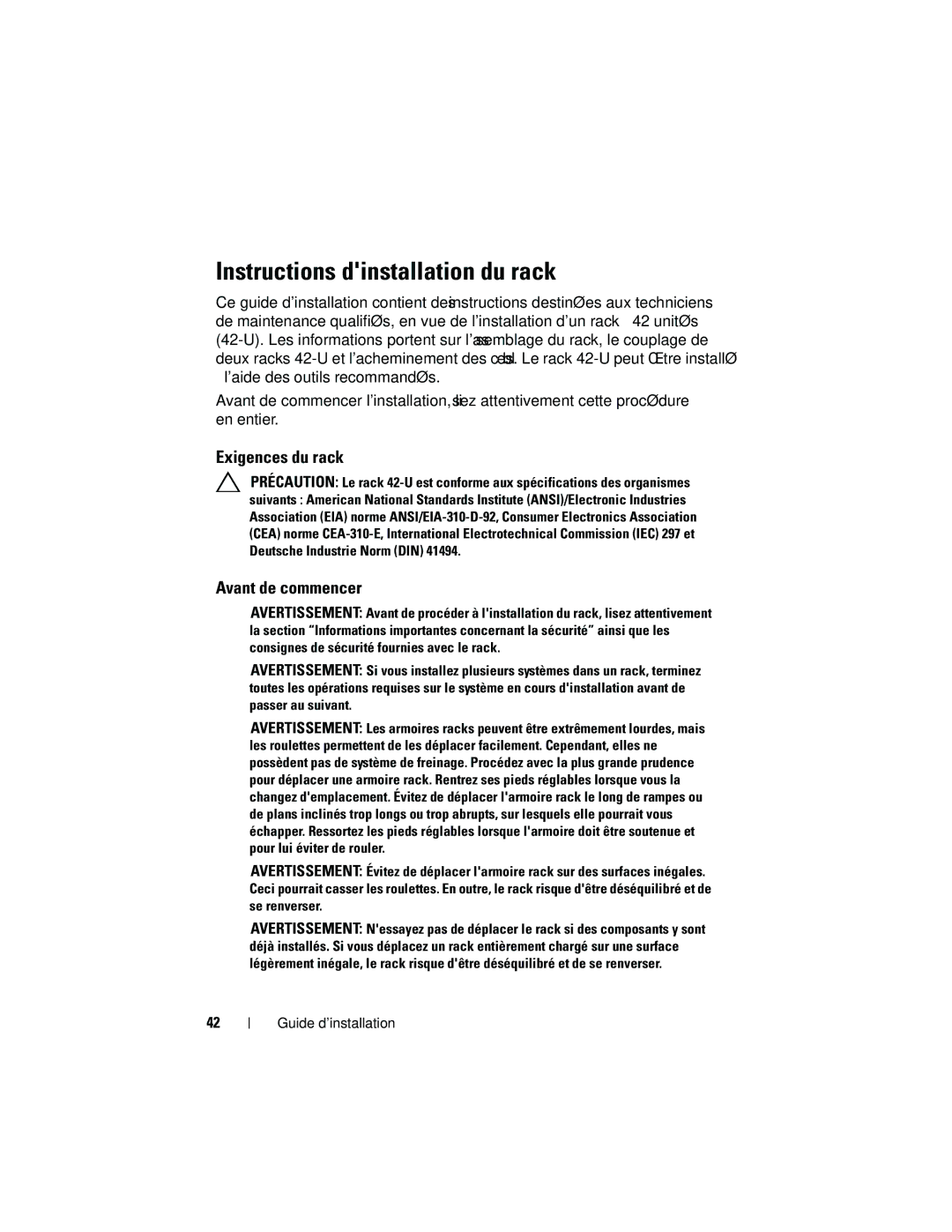 Dell 4220 manual Instructions dinstallation du rack, Exigences du rack, Avant de commencer 