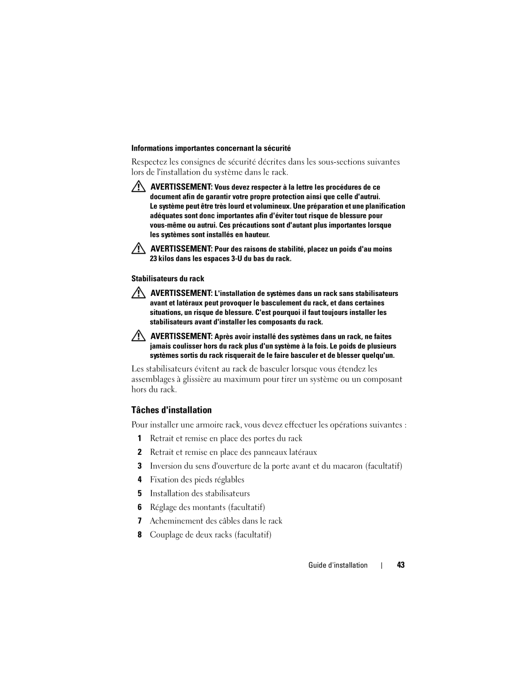 Dell 4220 manual Tâches dinstallation, Informations importantes concernant la sécurité, Stabilisateurs du rack 