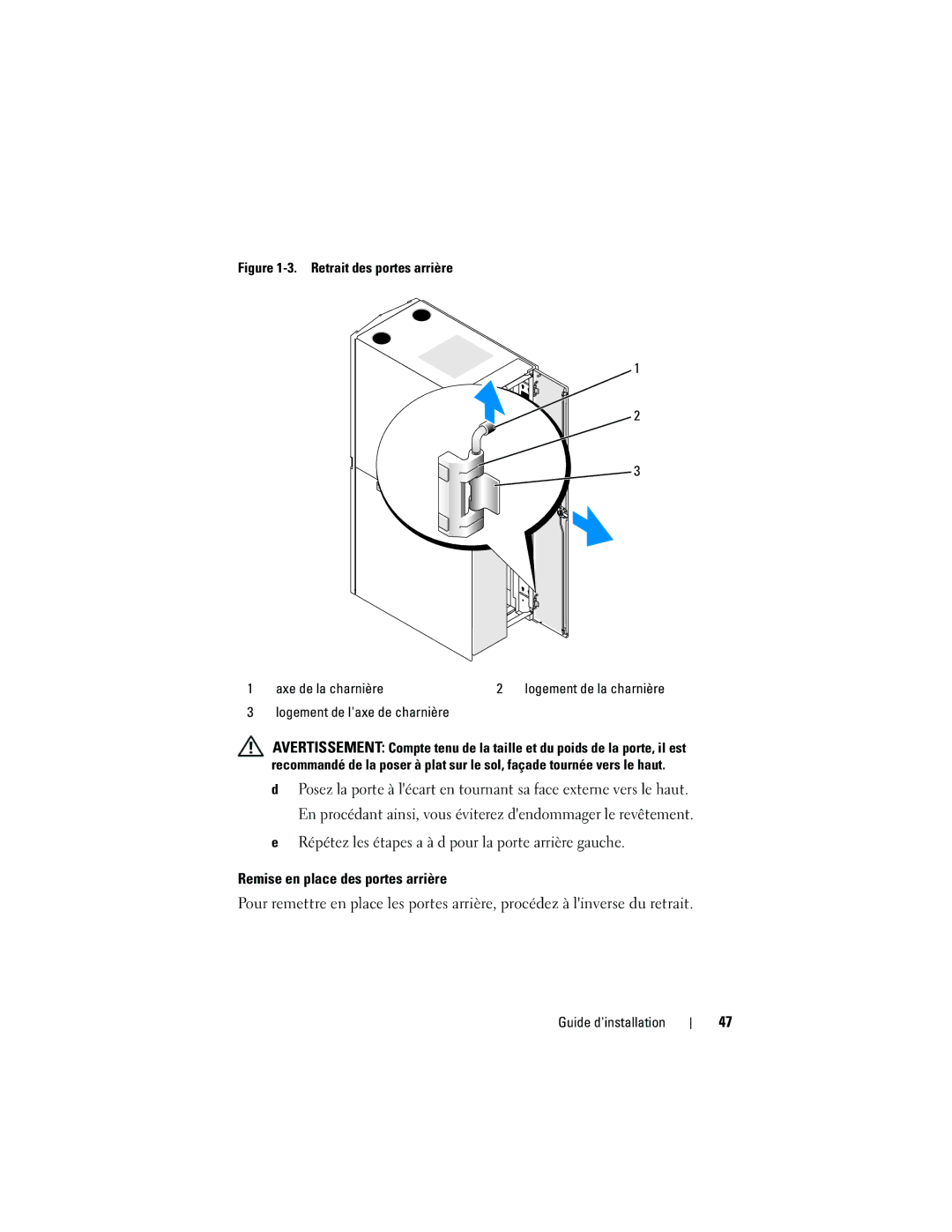 Dell 4220 manual Retrait des portes arrière Axe de la charnière 