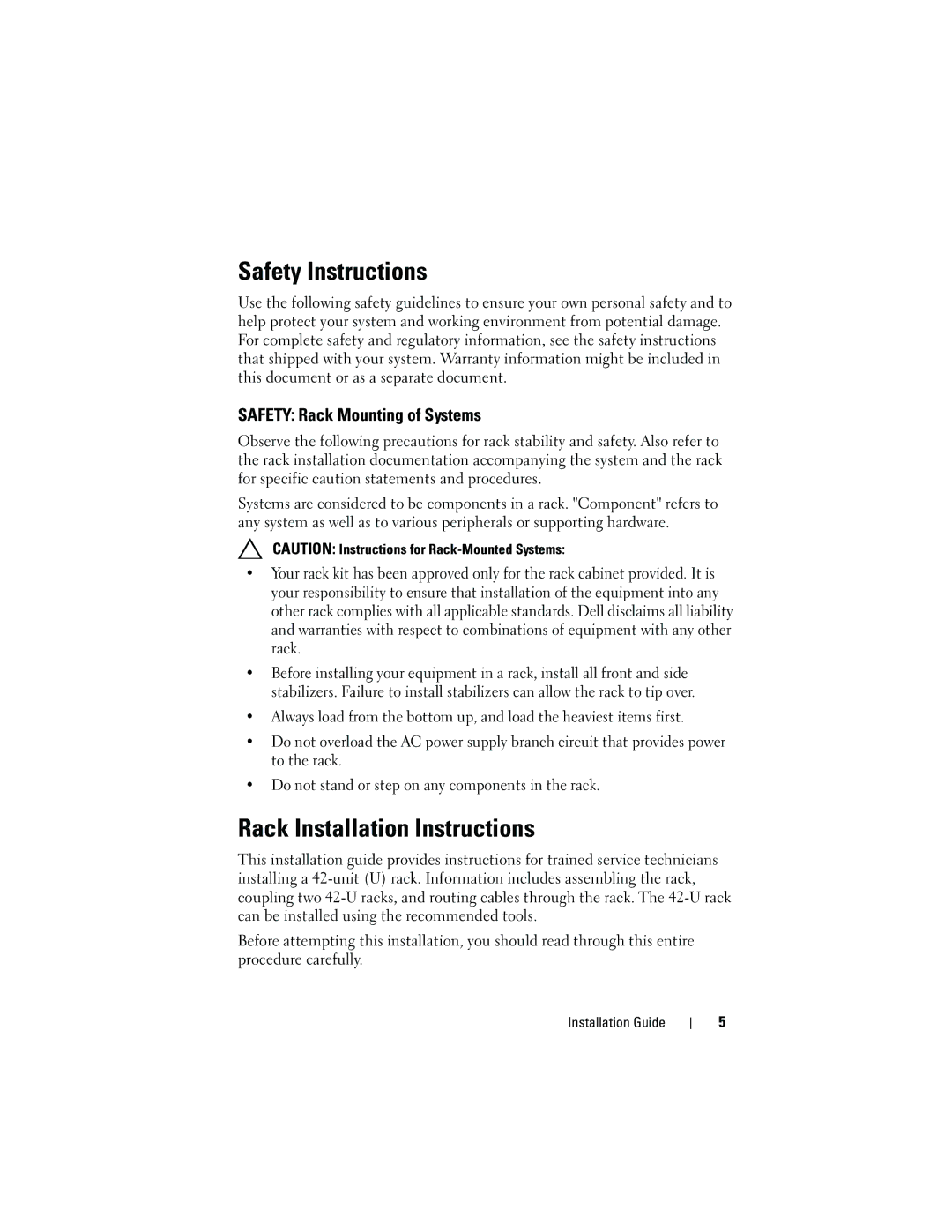 Dell 4220 manual Safety Instructions, Rack Installation Instructions, Safety Rack Mounting of Systems 