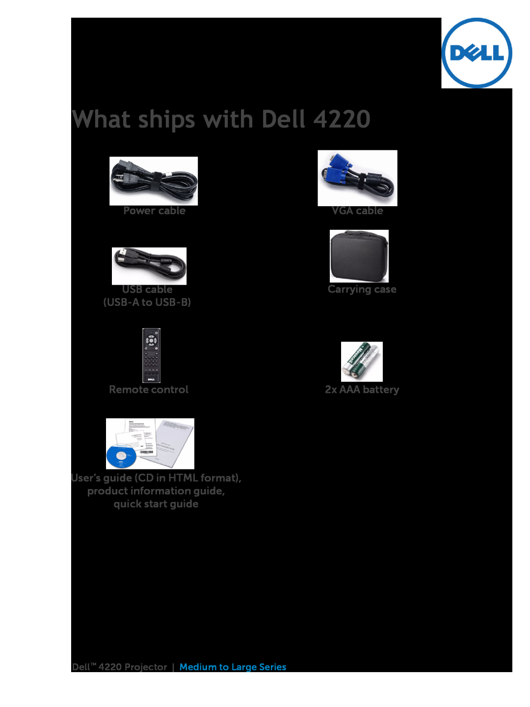 Dell 4220 quick start What ships with Dell, Power cable, Remote control, 2x AAA battery, quick start guide, VGA cable 