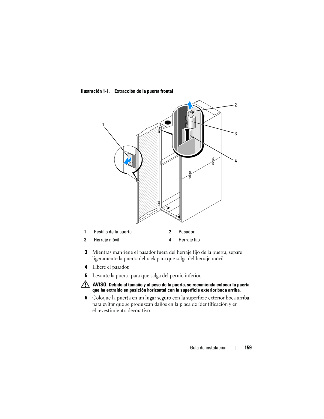 Dell 4220 manual Ilustración 1-1. Extracción de la puerta frontal, Pestillo de la puerta, Pasador, Herraje móvil 