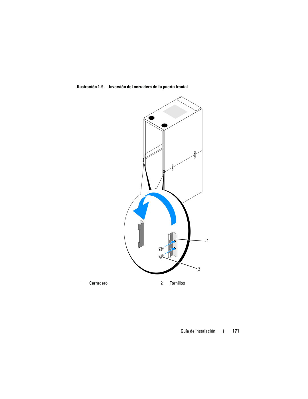 Dell 4220 manual Ilustración 1-9. Inversión del cerradero de la puerta frontal, Cerradero, Guía de instalación, Tornillos 