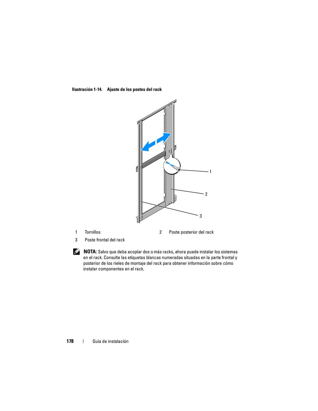 Dell 4220 manual Ilustración 1-14. Ajuste de los postes del rack, Tornillos, Poste frontal del rack, Guía de instalación 