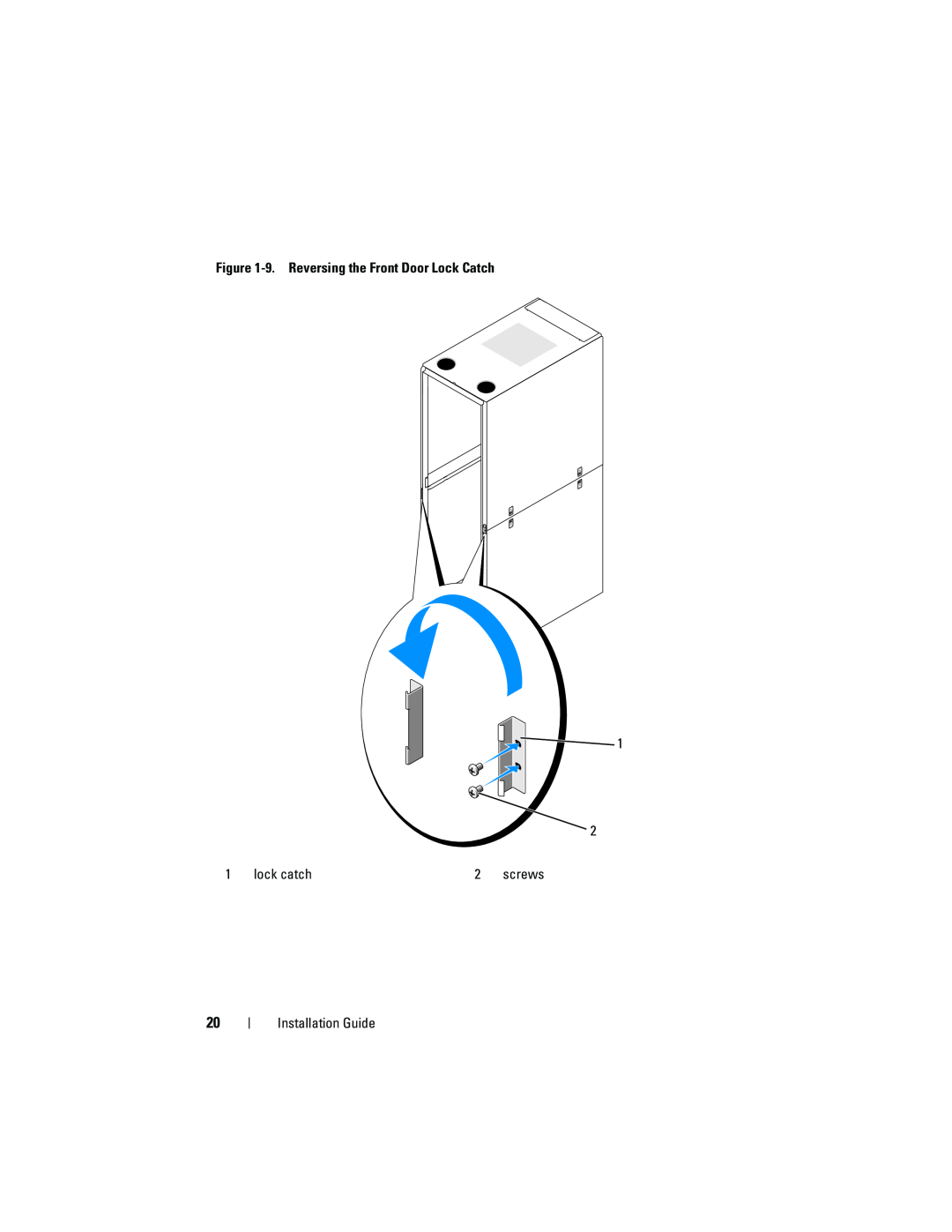 Dell 4220 manual 9. Reversing the Front Door Lock Catch, lock catch, Installation Guide, screws 