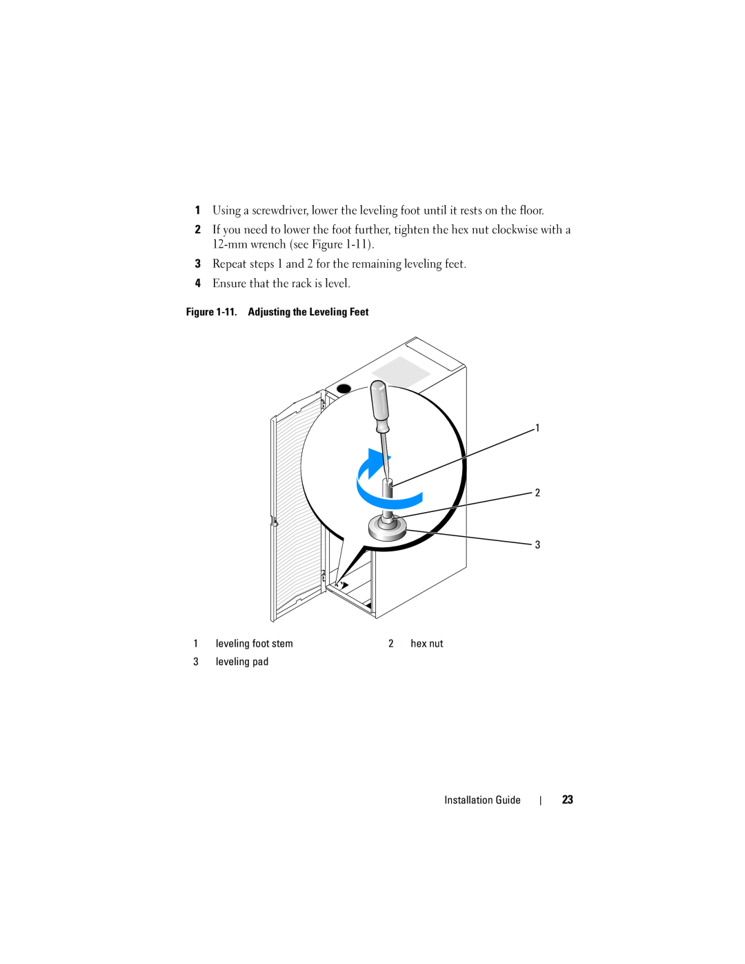 Dell 4220 manual 11. Adjusting the Leveling Feet, leveling foot stem, leveling pad, Installation Guide, hex nut 