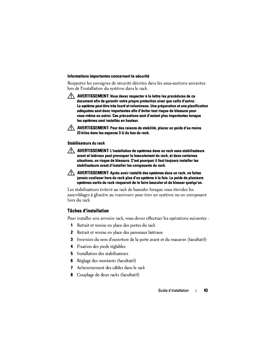 Dell 4220 manual Tâches dinstallation, Informations importantes concernant la sécurité, Stabilisateurs du rack 