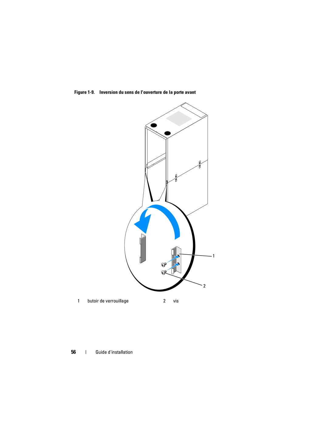 Dell 4220 manual 9. Inversion du sens de louverture de la porte avant, butoir de verrouillage, Guide dinstallation 