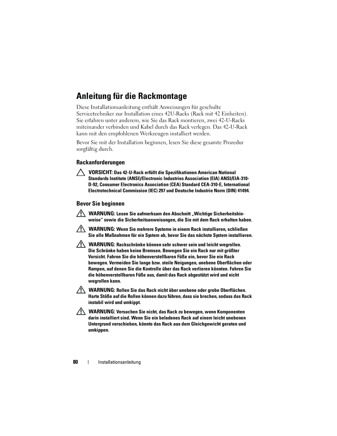 Dell 4220 manual Anleitung für die Rackmontage, Rackanforderungen, Bevor Sie beginnen 