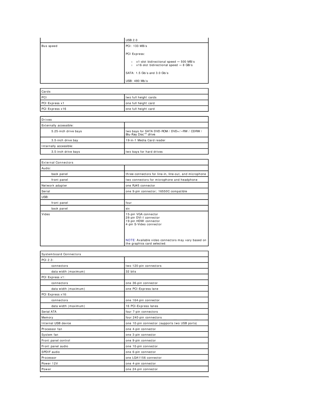 Dell 430 specifications Cards, Drives, External Connectors, Systemboard Connectors 