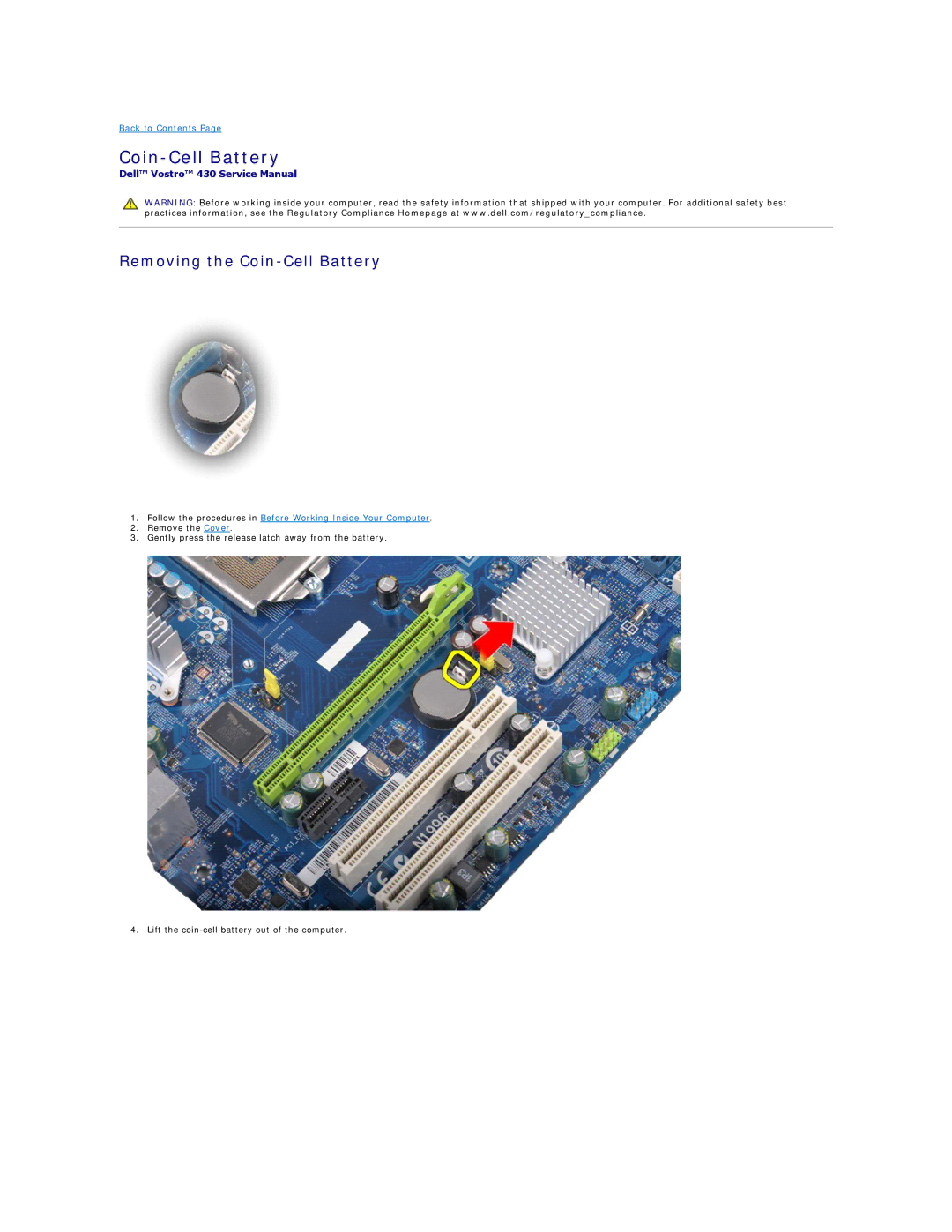 Dell 430 specifications Removing the Coin-Cell Battery 