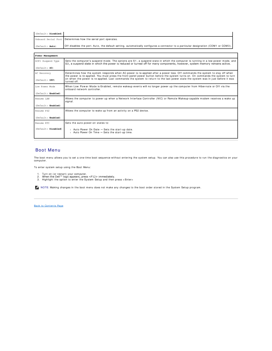 Dell 430 specifications Boot Menu, Power Management 