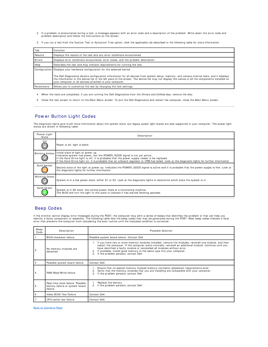 Dell 430 specifications Power Button Light Codes, Beep Codes 