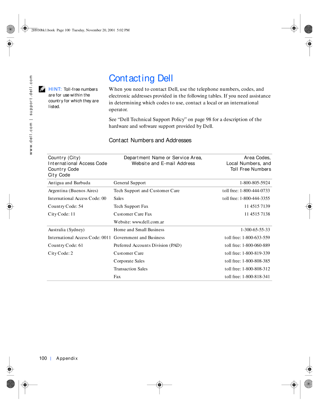 Dell 4300 Contacting Dell, Contact Numbers and Addresses, Antigua and Barbuda, Argentina Buenos Aires, Australia Sydney 