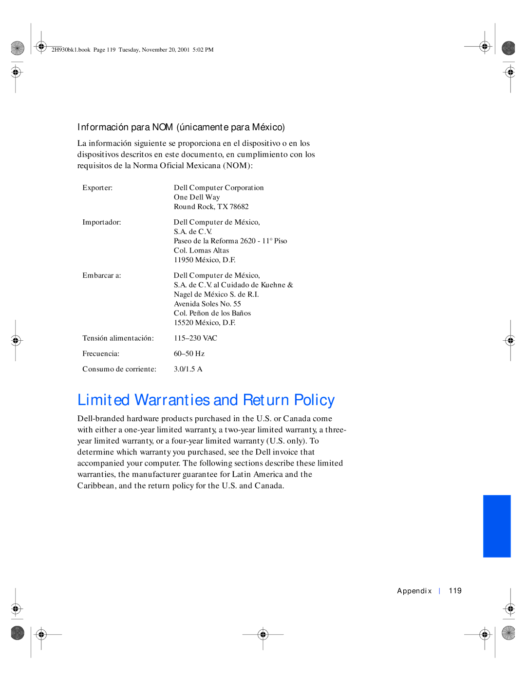 Dell 4300 manual Limited Warranties and Return Policy, Información para NOM únicamente para México, Appendix 119 