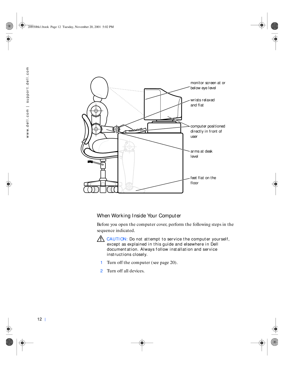 Dell 4300 manual When Working Inside Your Computer, Monitor screen at or below eye level 