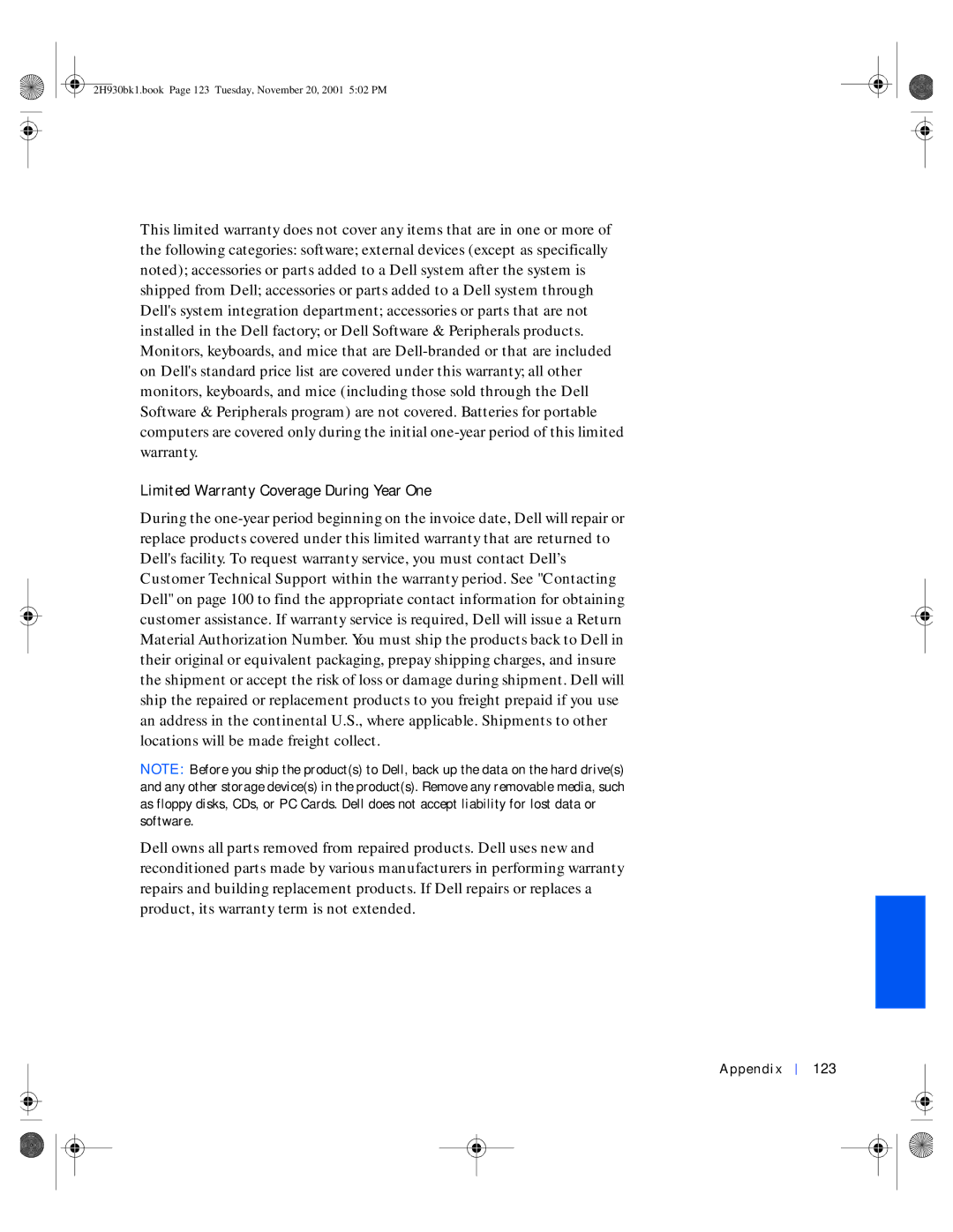 Dell 4300 manual Limited Warranty Coverage During Year One, Appendix 123 