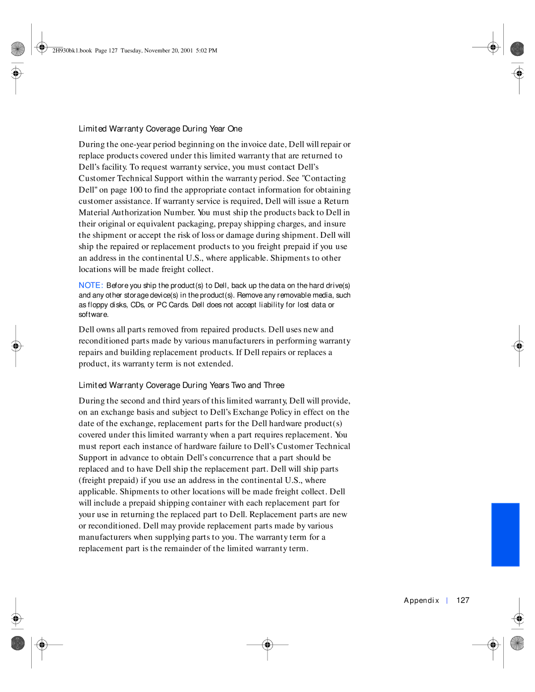 Dell 4300 manual Limited Warranty Coverage During Years Two and Three, Appendix 127 