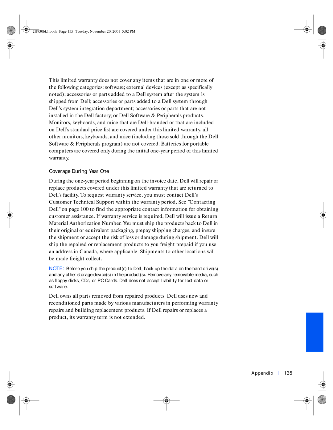 Dell 4300 manual Coverage During Year One, Appendix 135 