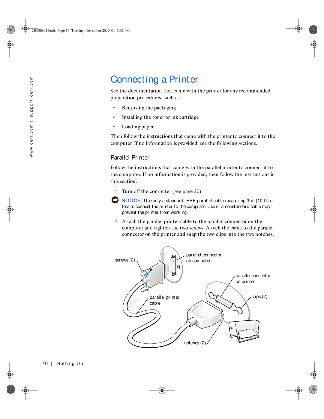 Dell 4300 manual Connecting a Printer, Parallel Printer, Screws Parallel connector On computer, On printer 