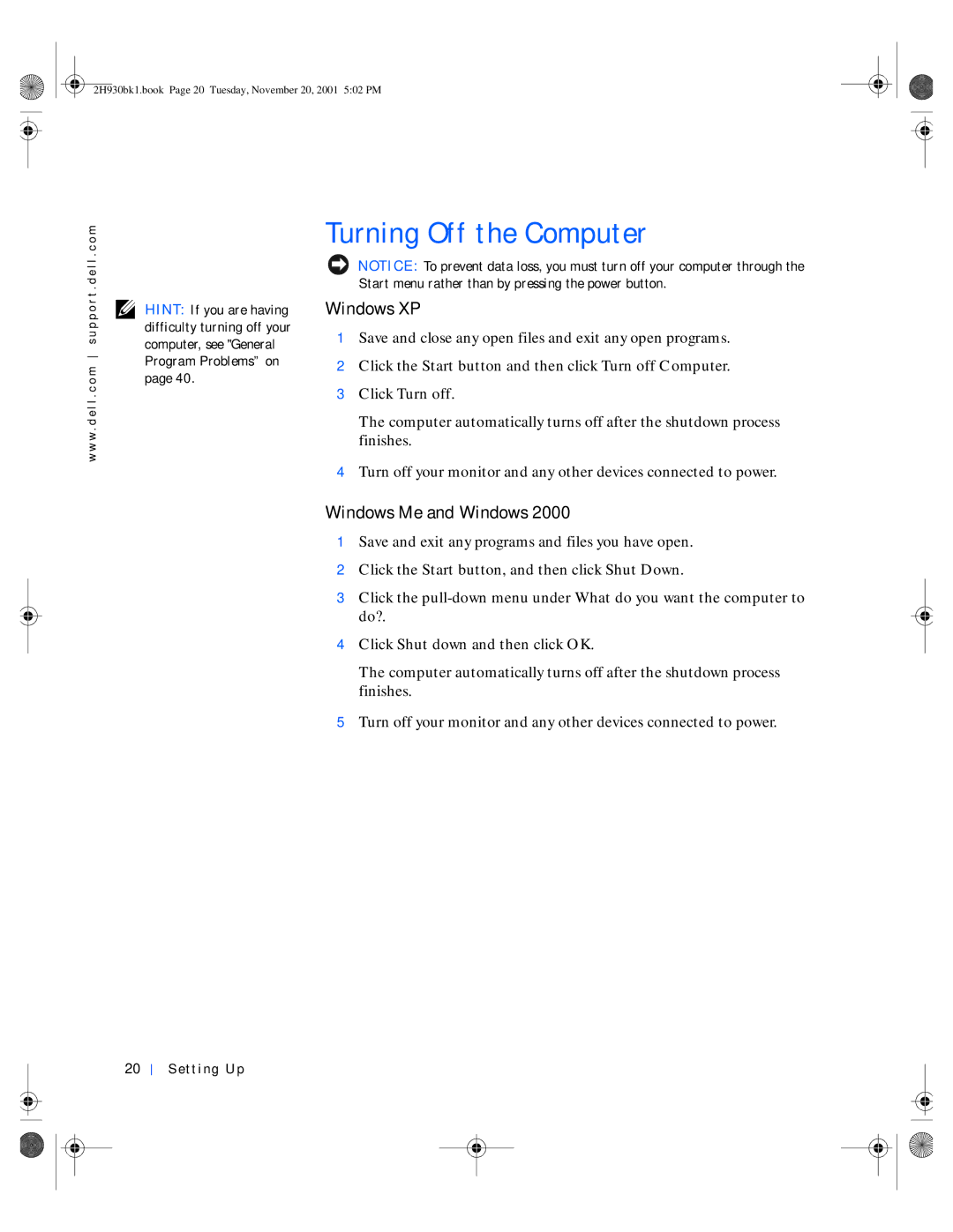 Dell 4300 manual Turning Off the Computer, Windows XP, Windows Me and Windows 