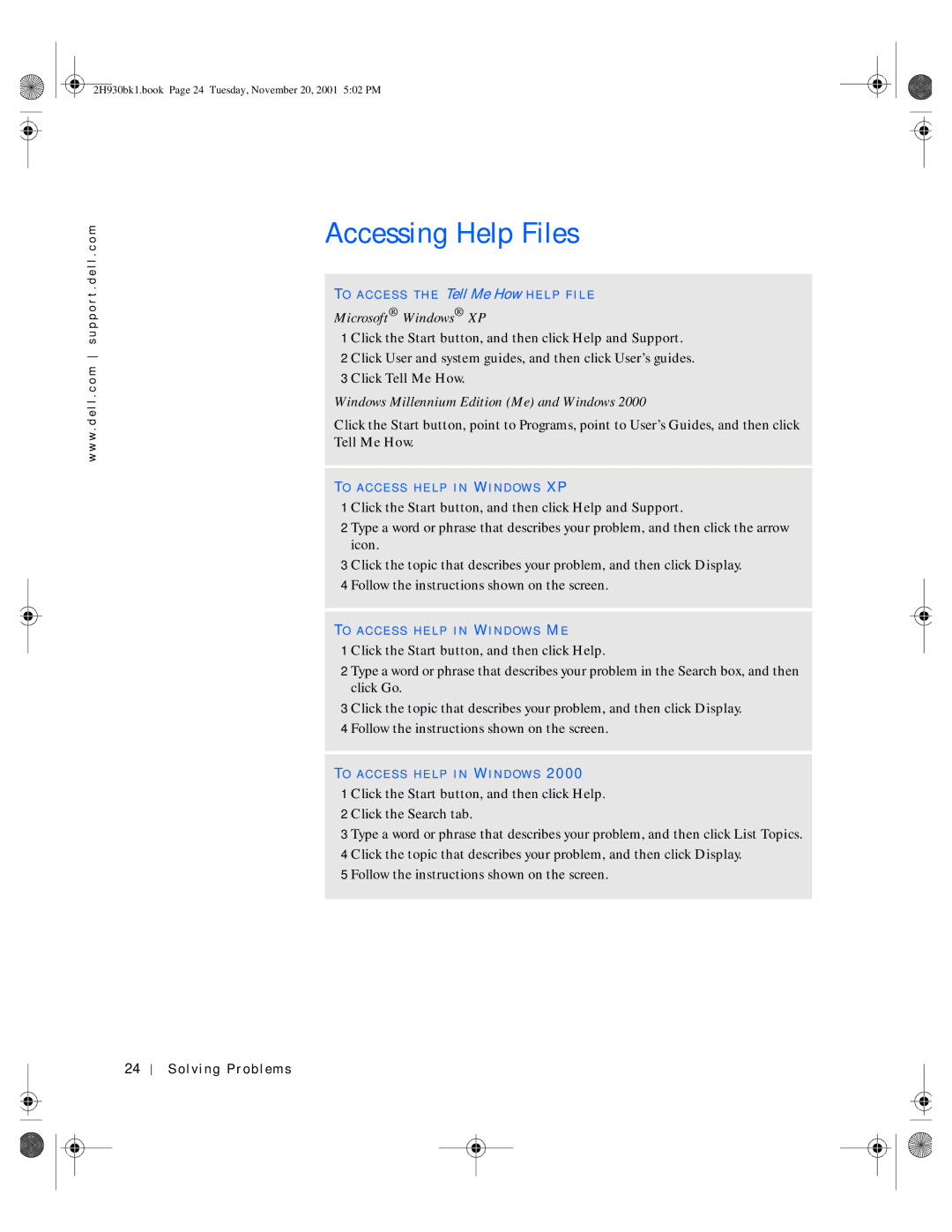 Dell 4300 manual Accessing Help Files, Windows Millennium Edition Me and Windows 