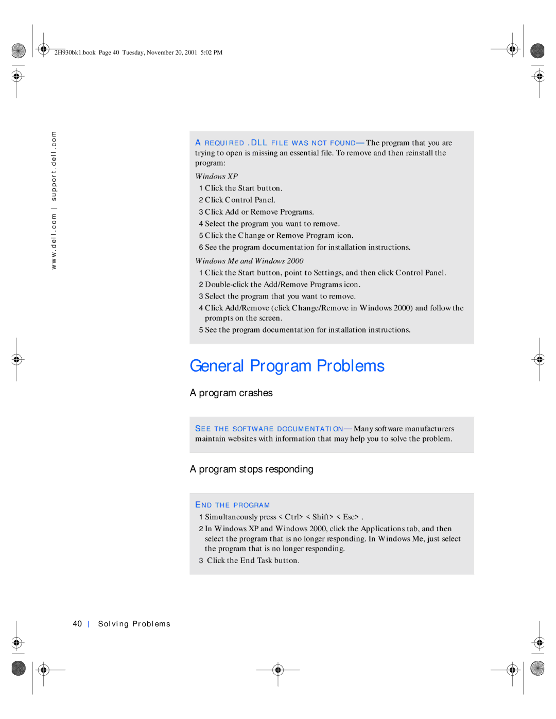 Dell 4300 General Program Problems, Program crashes, Program stops responding, Click the Change or Remove Program icon 