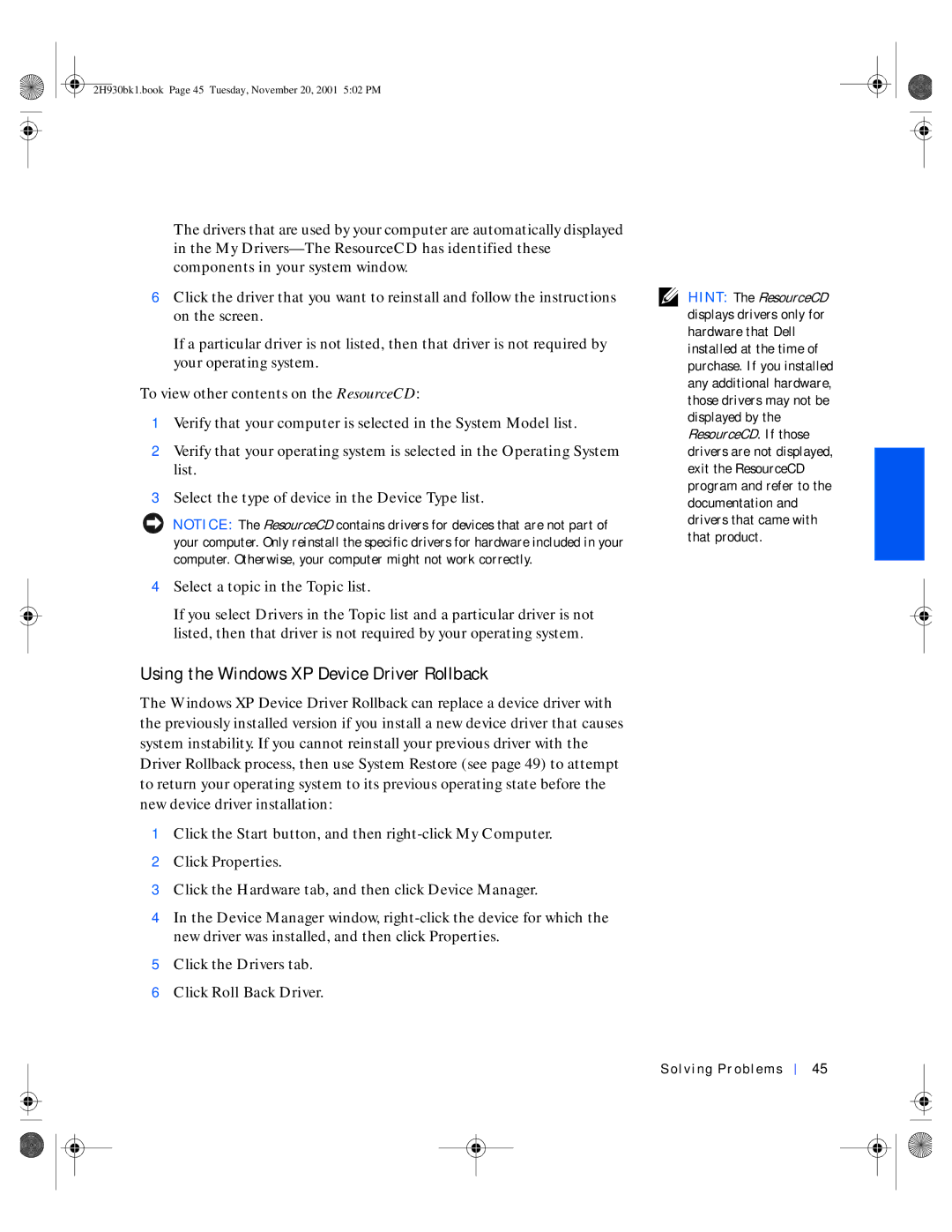 Dell 4300 manual Using the Windows XP Device Driver Rollback, Click Properties 